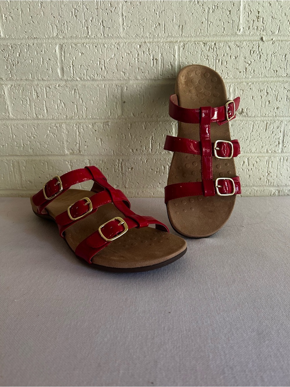Vionic Red Patent Triple-Buckle Slide Sandals